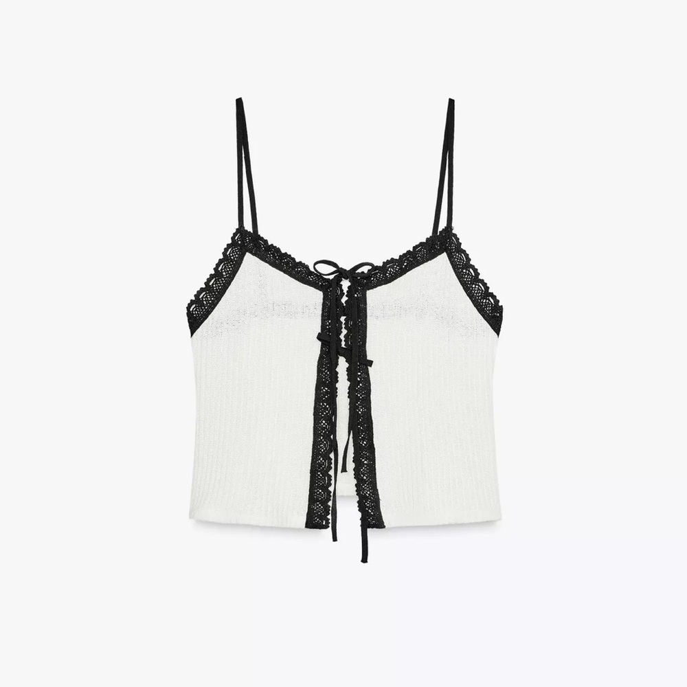 Elegant White with black Lace Trim Cami Top with front ties